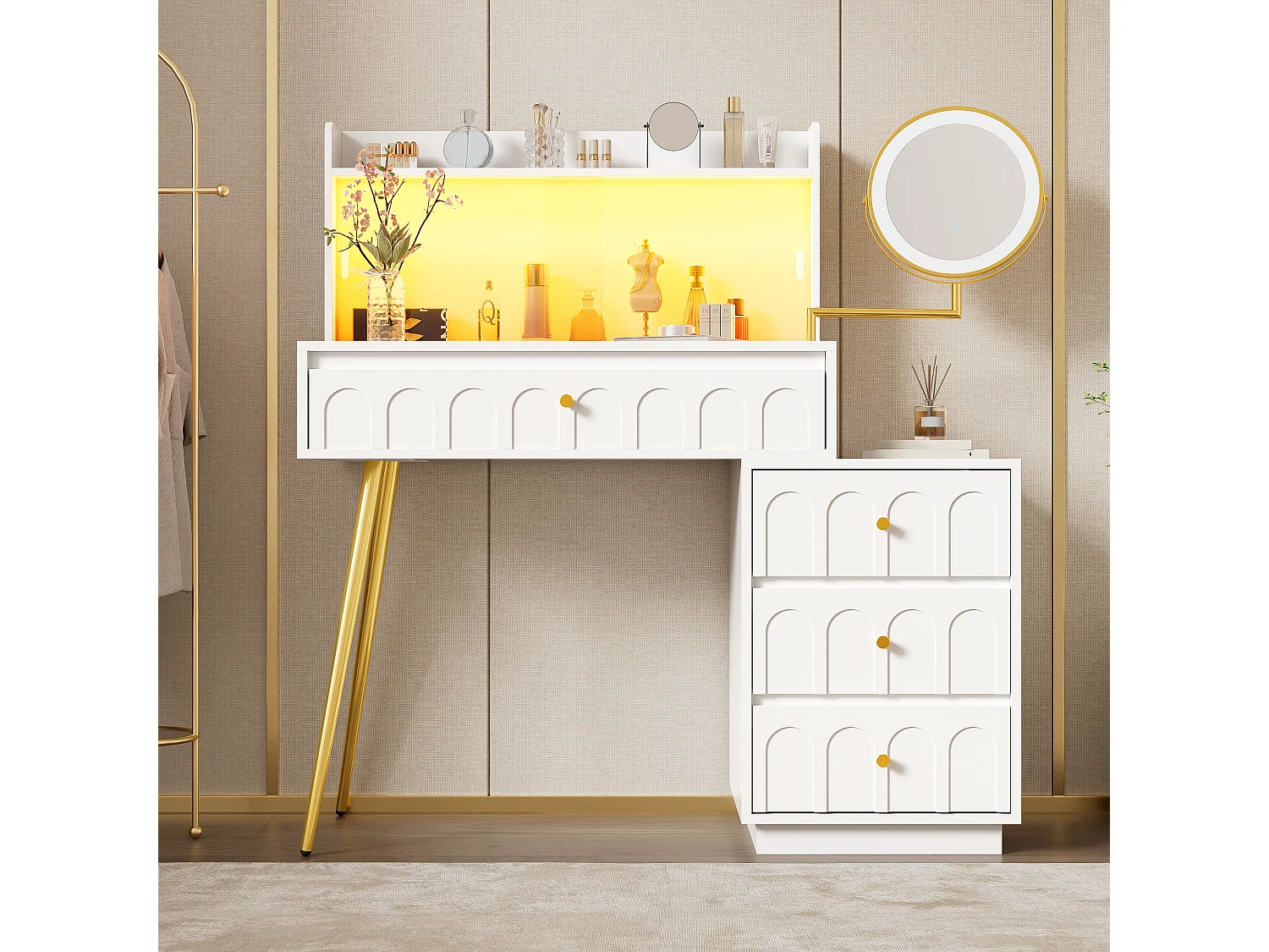 Toaletka z obrotowym lustrem 112x34,5x116cm - z LED - drzwi przesuwne ze szkła - z 4 szufladami - Biały