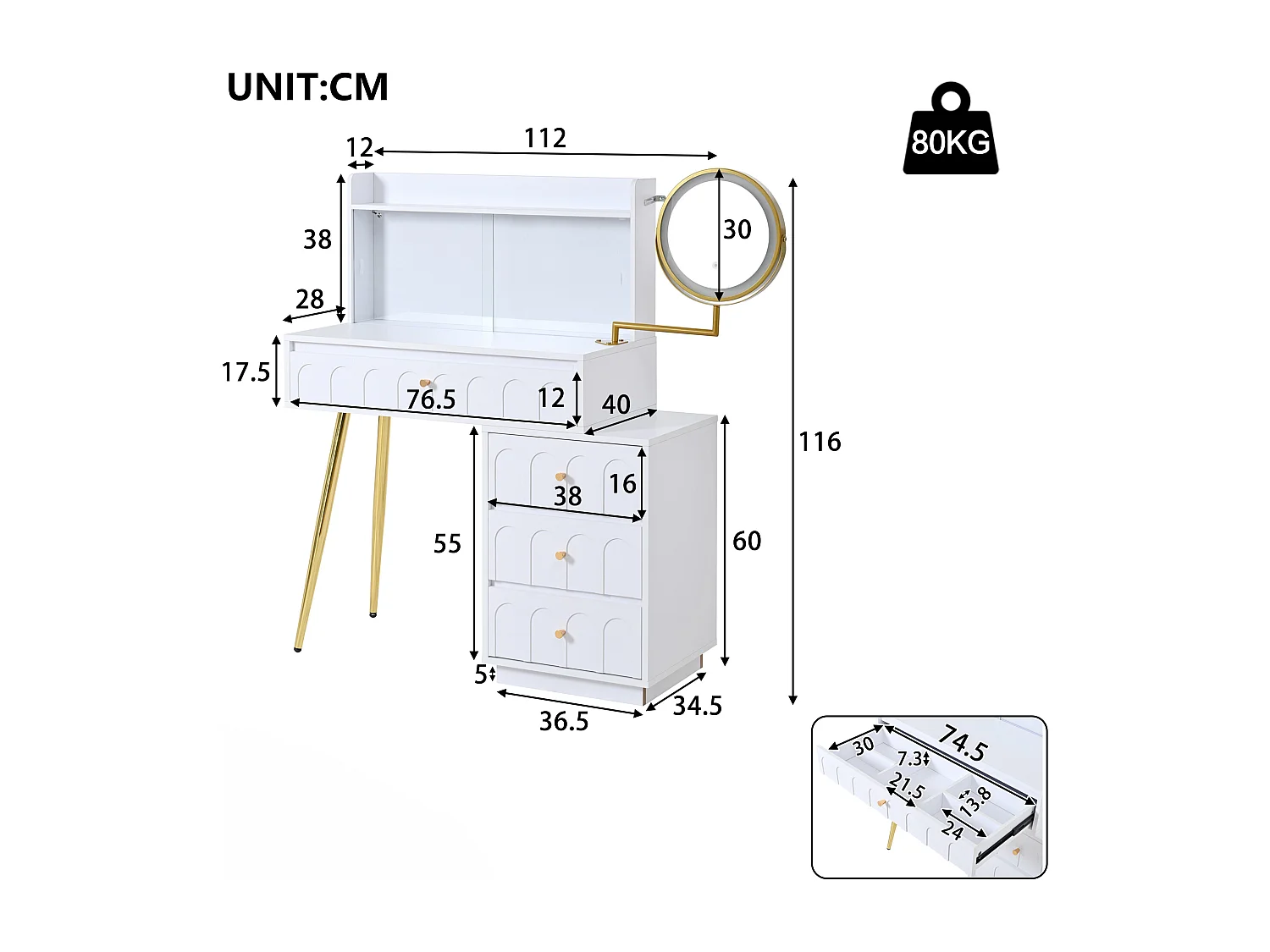 Toaletka z obrotowym lustrem 112x34,5x116cm - z LED - drzwi przesuwne ze szkła - z 4 szufladami - Biały