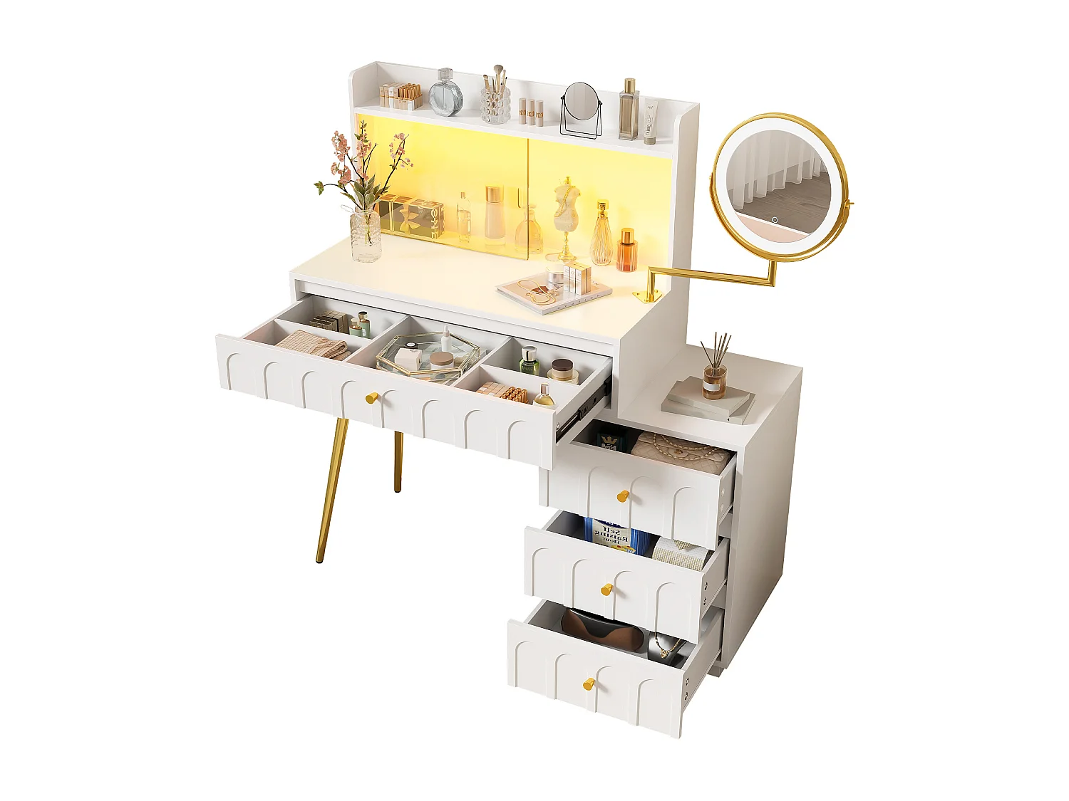 Toaletka z obrotowym lustrem 112x34,5x116cm - z LED - drzwi przesuwne ze szkła - z 4 szufladami - Biały