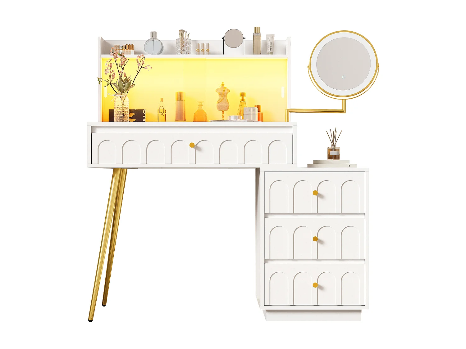 Toaletka z obrotowym lustrem 112x34,5x116cm - z LED - drzwi przesuwne ze szkła - z 4 szufladami - Biały