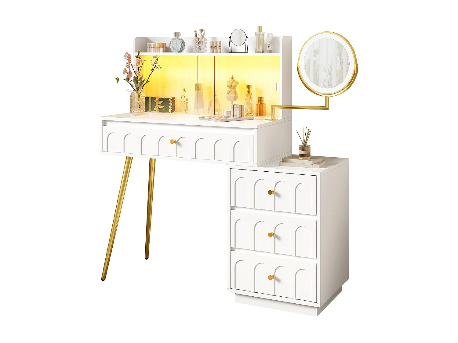 Toaletka z obrotowym lustrem 112x34,5x116cm - z LED - drzwi przesuwne ze szkła - z 4 szufladami - Biały