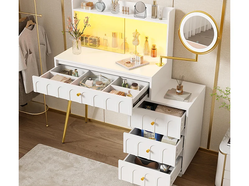 Toaletka z obrotowym lustrem 112x34,5x116cm - z LED - drzwi przesuwne ze szkła - z 4 szufladami - Biały