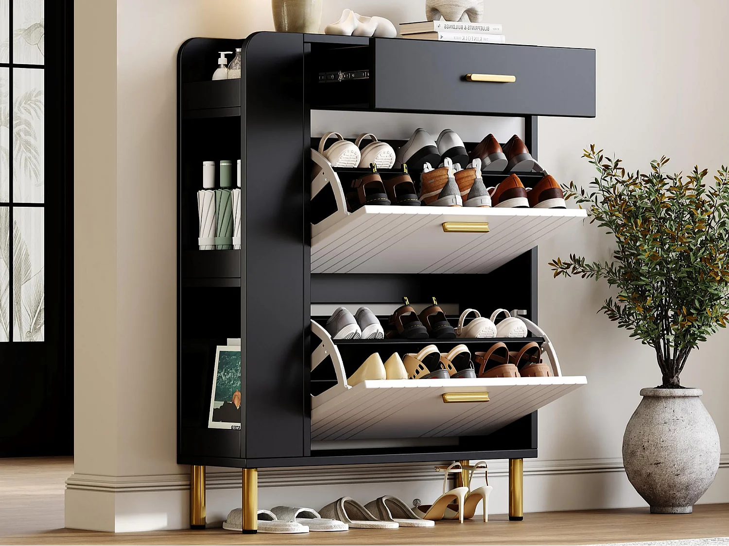 Schuhschrank 80x24x105cm - mit 2 Türen und 1 Schublade - Seitenregal - Metallgriff - Schwarz + Weiß