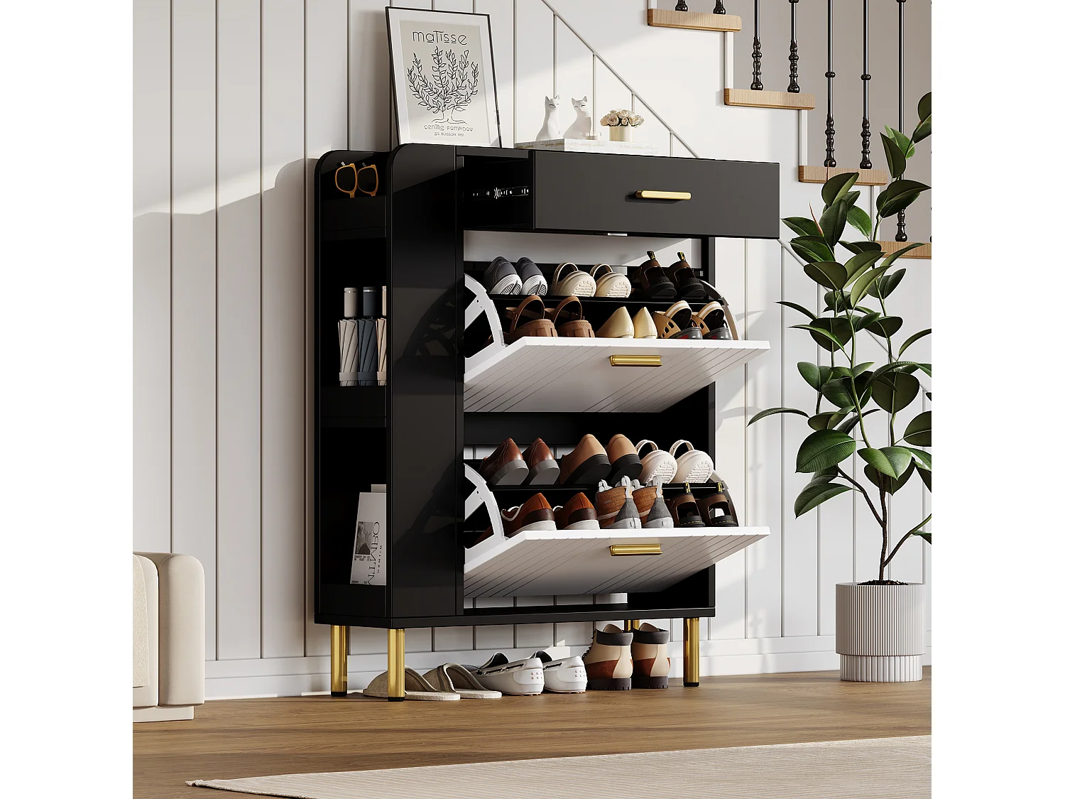 Schuhschrank 80x24x105cm - mit 2 Türen und 1 Schublade - Seitenregal - Metallgriff - Schwarz + Weiß