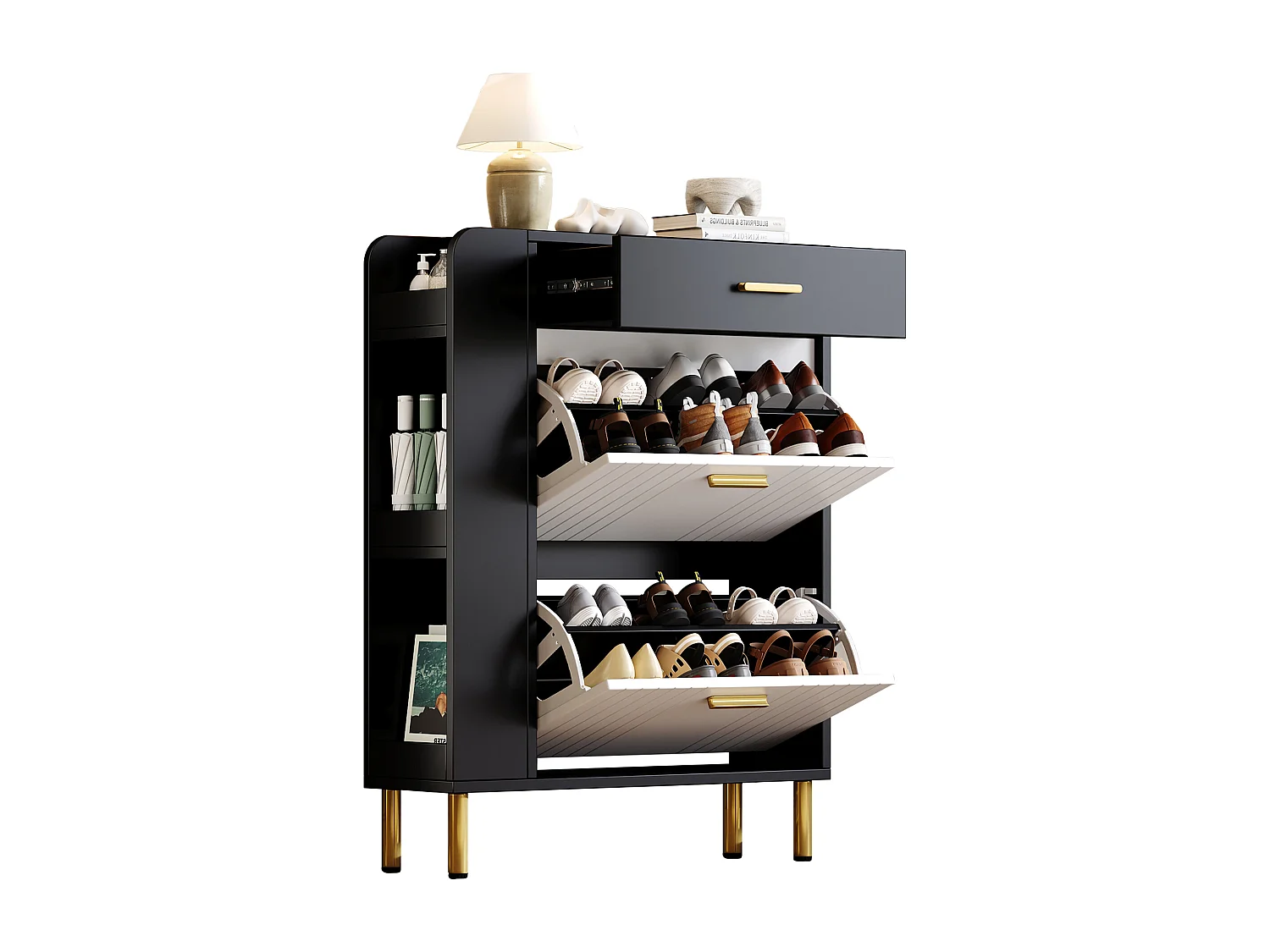 Schuhschrank 80x24x105cm - mit 2 Türen und 1 Schublade - Seitenregal - Metallgriff - Schwarz + Weiß