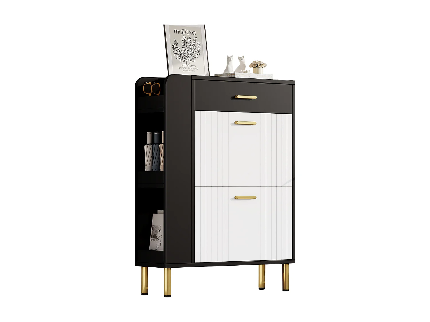 Schuhschrank 80x24x105cm - mit 2 Türen und 1 Schublade - Seitenregal - Metallgriff - Schwarz + Weiß