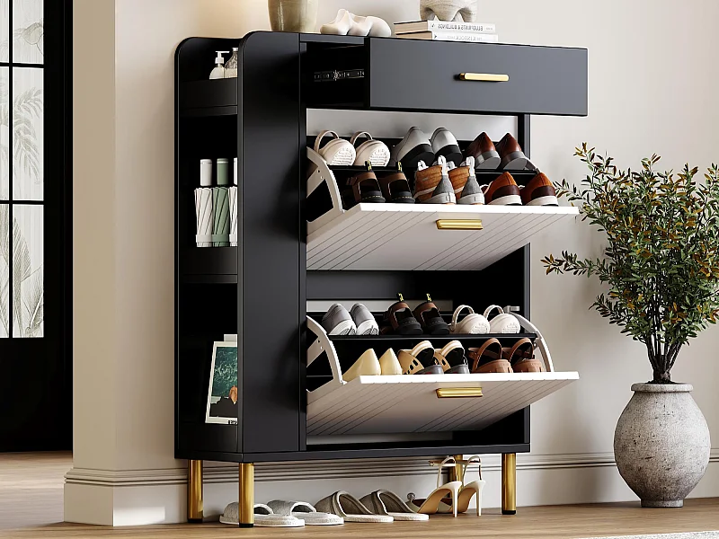 Schuhschrank 80x24x105cm - mit 2 Türen und 1 Schublade - Seitenregal - Metallgriff - Schwarz + Weiß