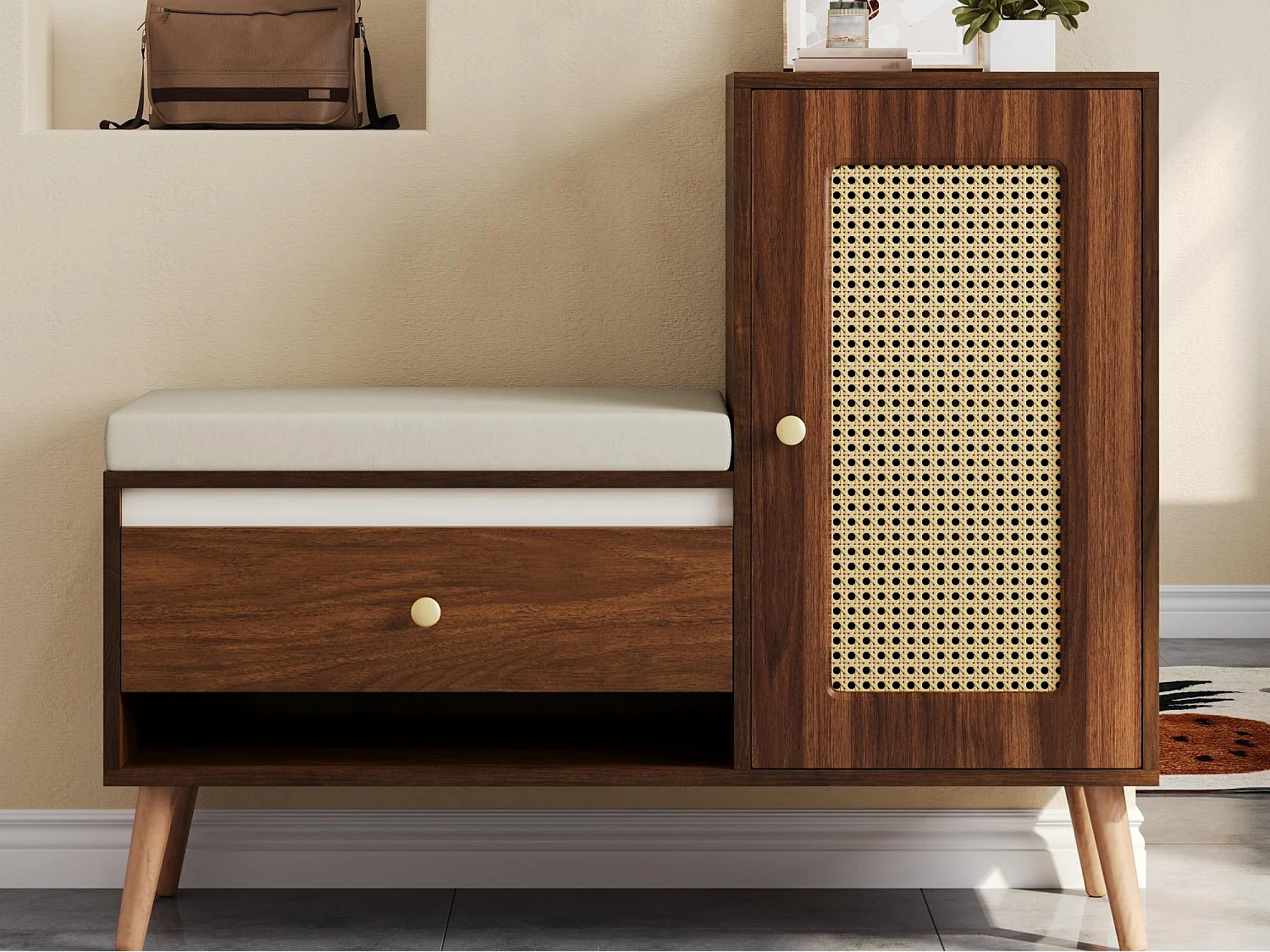 Schuhschrank aus Rattan - Eingangsbank - Mit Kissen - 1 Schublade und 1 Rattantür - Braun