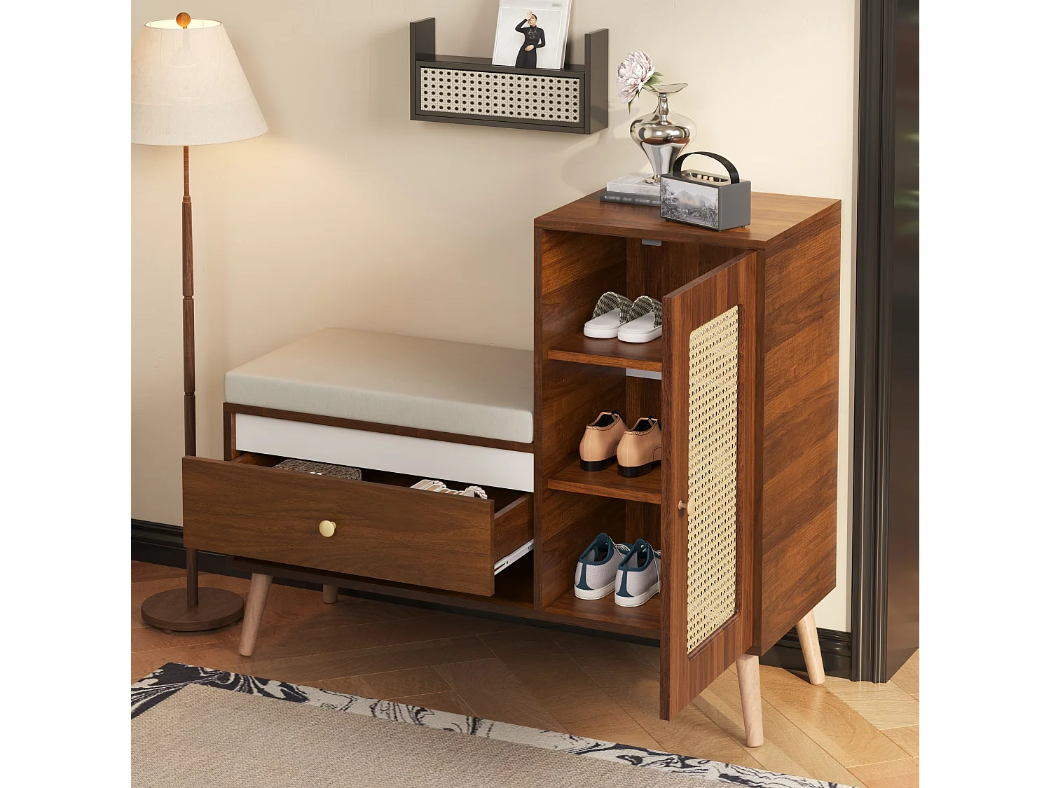 Schuhschrank aus Rattan - Eingangsbank - Mit Kissen - 1 Schublade und 1 Rattantür - Braun