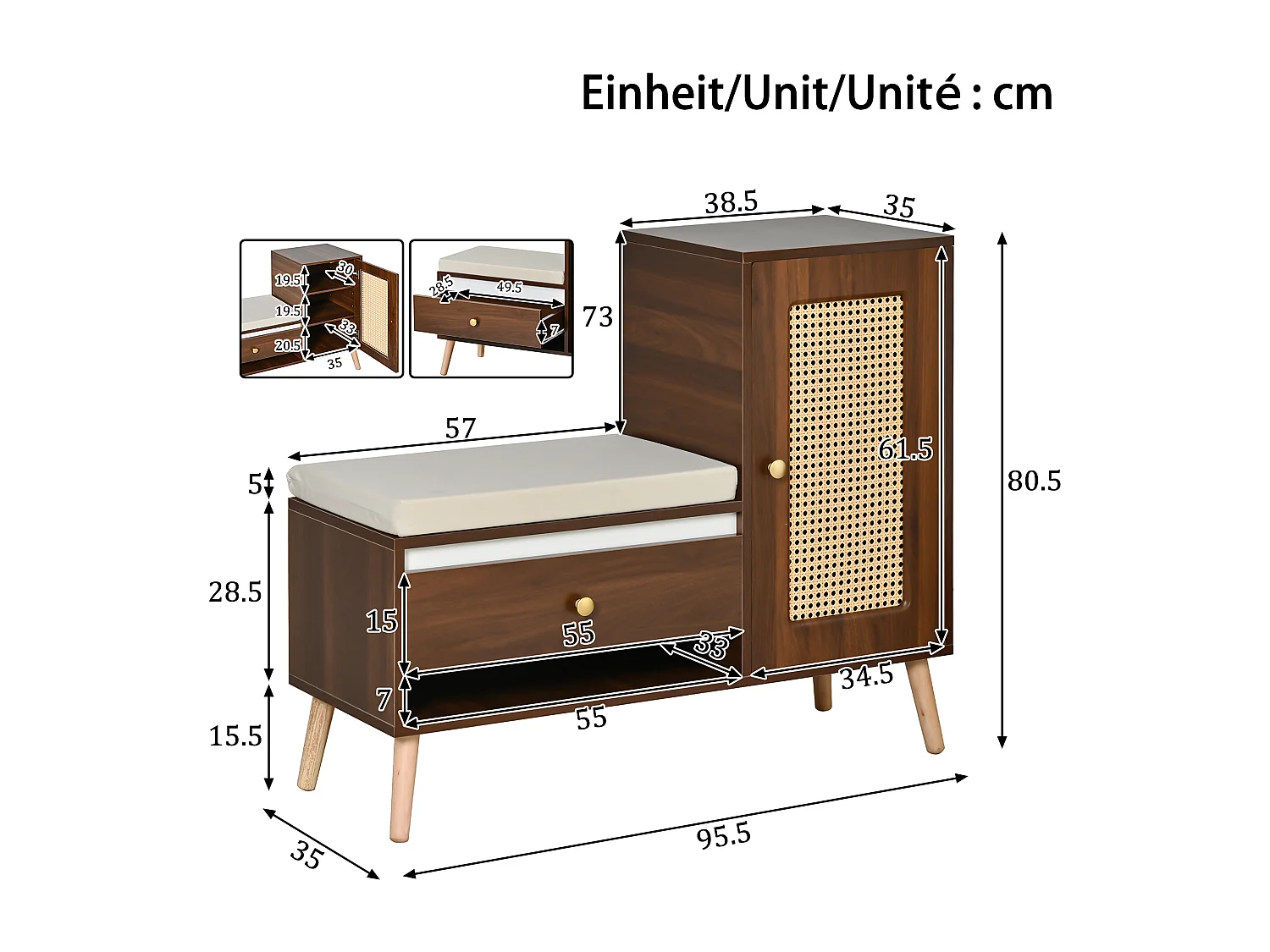 Schuhschrank aus Rattan - Eingangsbank - Mit Kissen - 1 Schublade und 1 Rattantür - Braun
