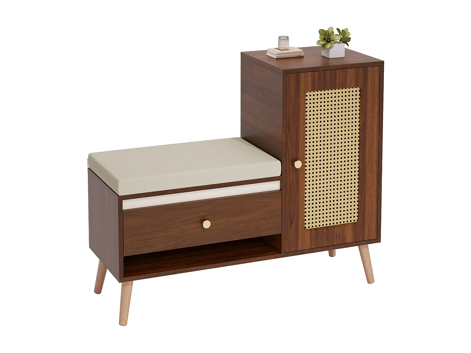 Schuhschrank aus Rattan - Eingangsbank - Mit Kissen - 1 Schublade und 1 Rattantür - Braun