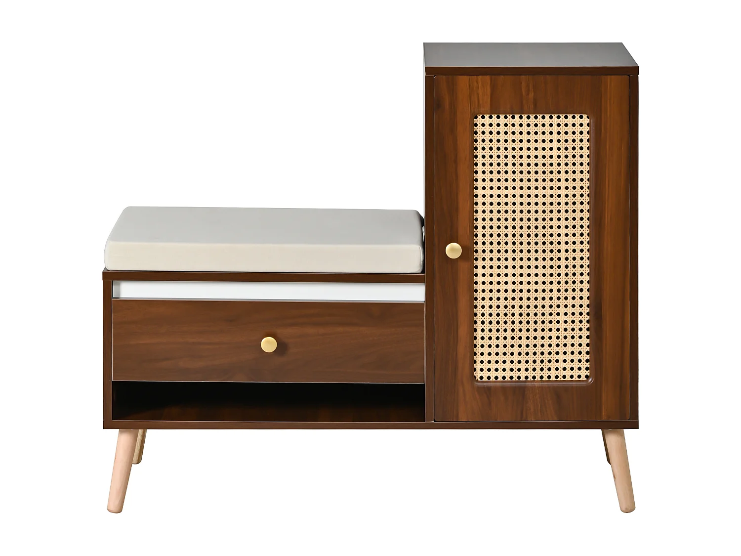 Schuhschrank aus Rattan - Eingangsbank - Mit Kissen - 1 Schublade und 1 Rattantür - Braun