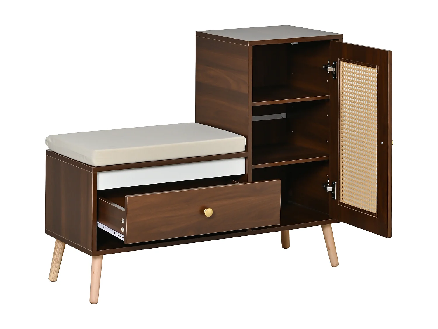 Schuhschrank aus Rattan - Eingangsbank - Mit Kissen - 1 Schublade und 1 Rattantür - Braun