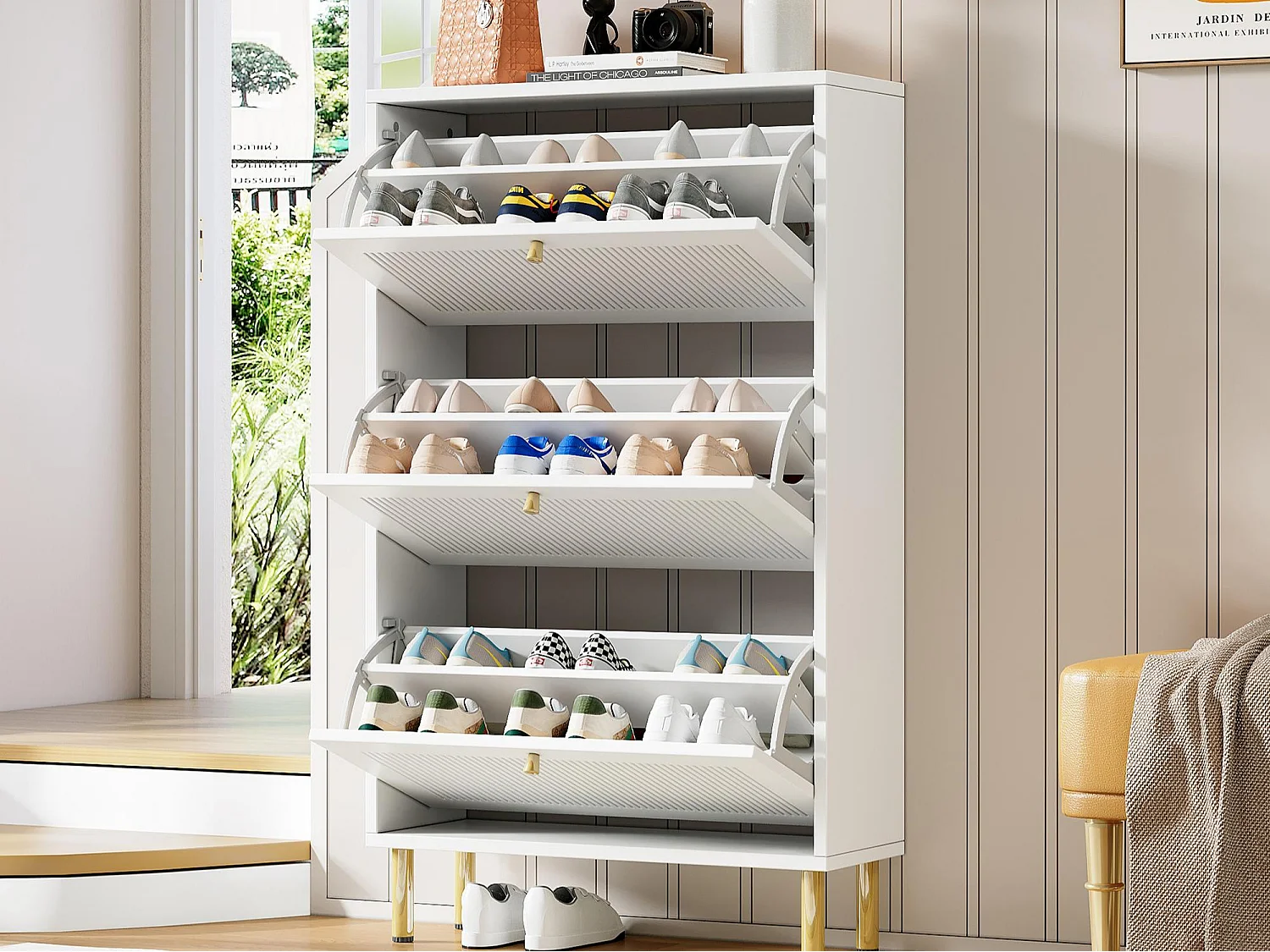 Schuhschrank 73x25x125cm - mit 3 Klapptüren - 6-stufiges Regal - Weiß