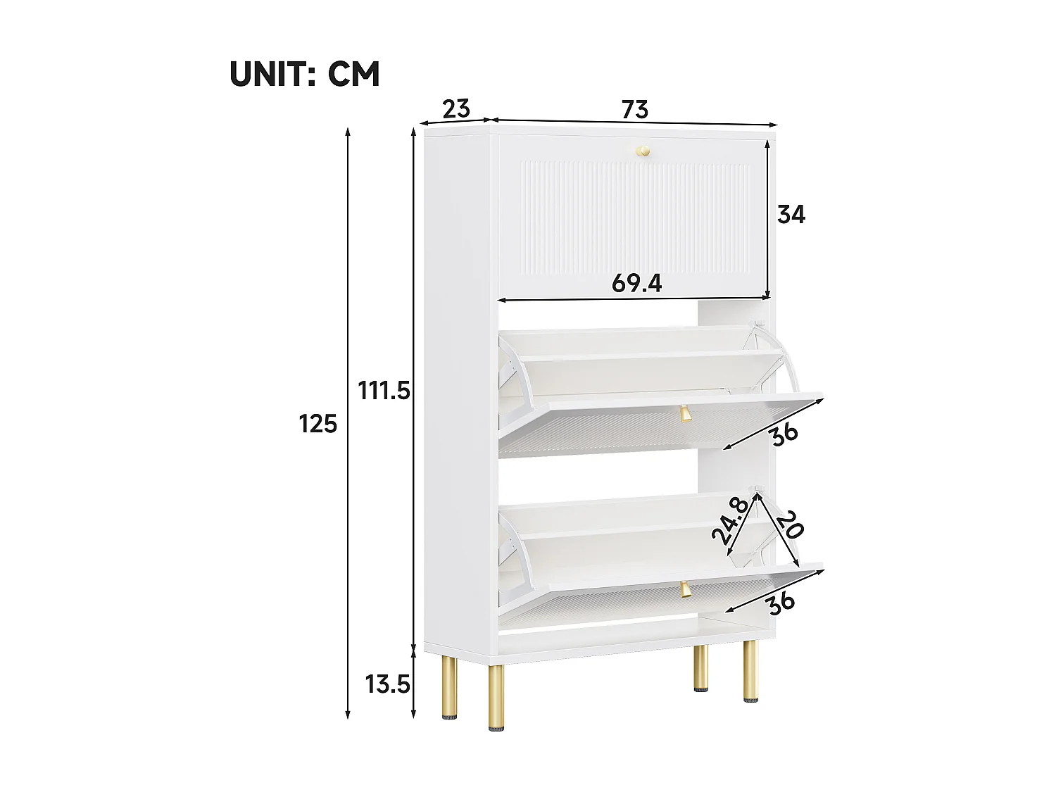 Schuhschrank 73x25x125cm - mit 3 Klapptüren - 6-stufiges Regal - Weiß