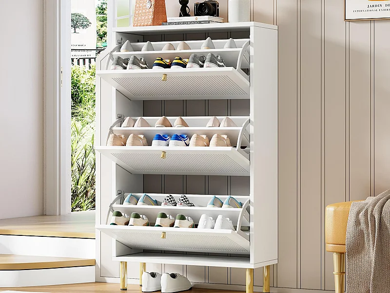 Schuhschrank 73x25x125cm - mit 3 Klapptüren - 6-stufiges Regal - Weiß