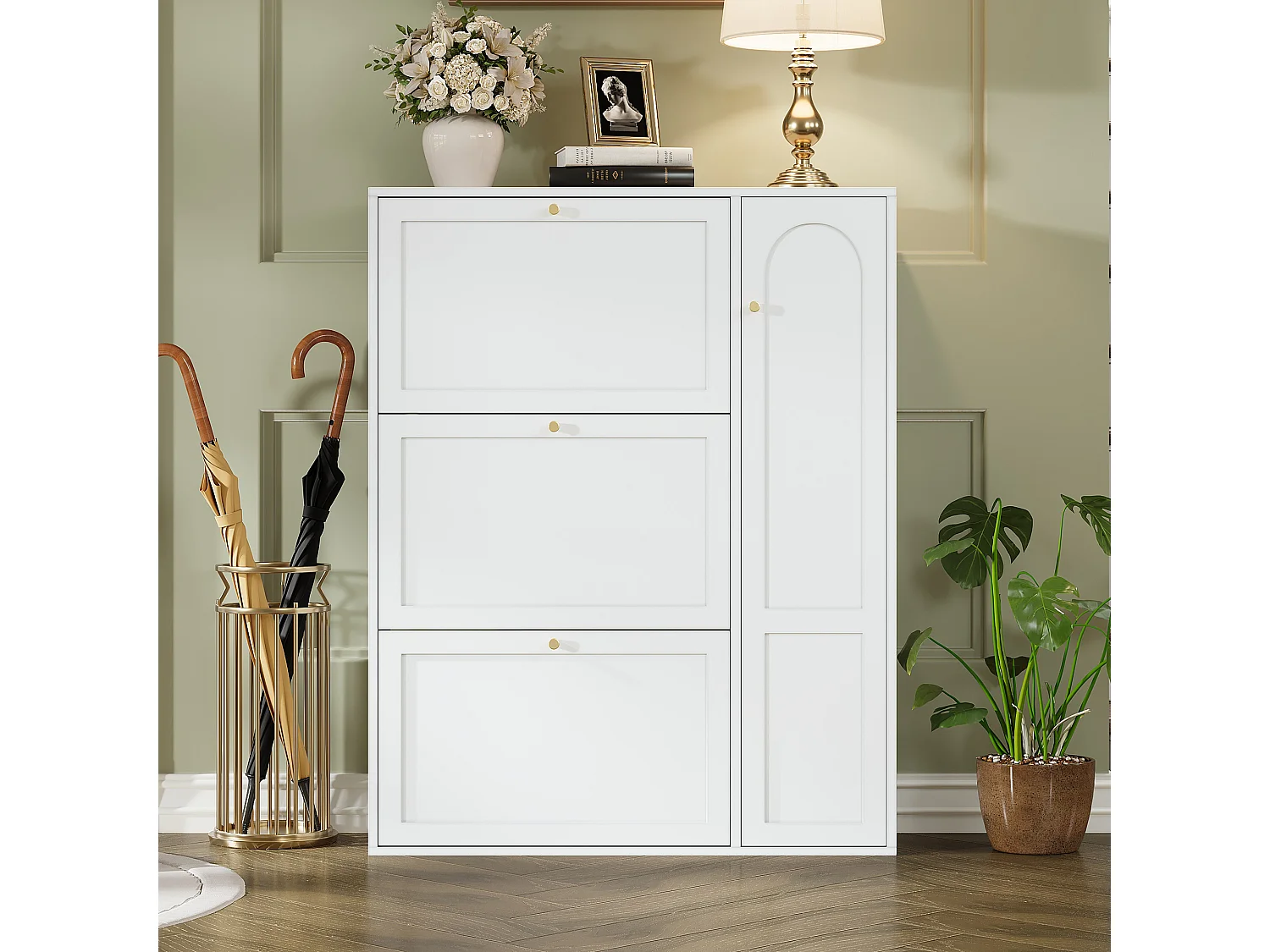 Meuble à chaussures 90x25x114cm - avec 4 portes - étagère à 6 niveaux - poignée en métal - Blanc