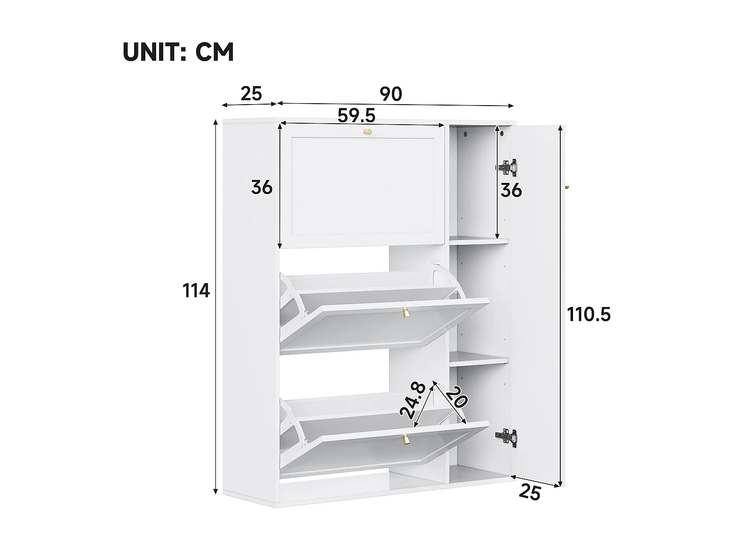 Meuble à chaussures 90x25x114cm - avec 4 portes - étagère à 6 niveaux - poignée en métal - Blanc