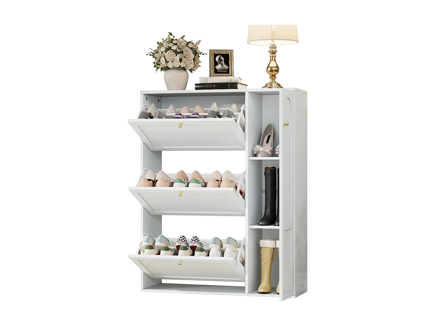 Meuble à chaussures 90x25x114cm - avec 4 portes - étagère à 6 niveaux - poignée en métal - Blanc