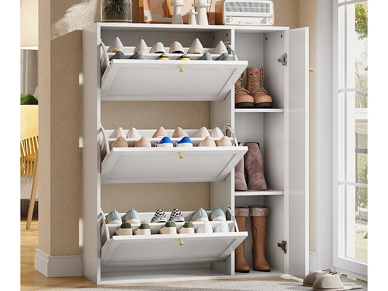 Meuble à chaussures 90x25x114cm - avec 4 portes - étagère à 6 niveaux - poignée en métal - Blanc