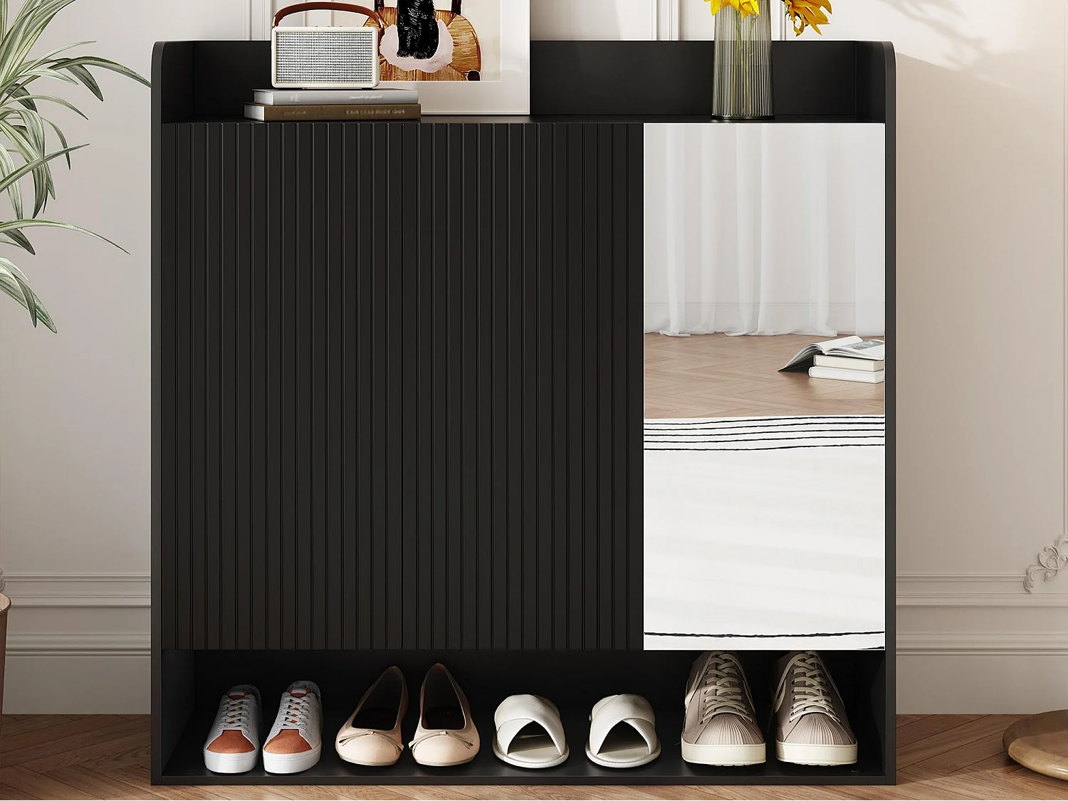 Schuhschrank 110x35,5x110 cm - mit Spiegel - mit 3 Türen - MDF - Schwarz