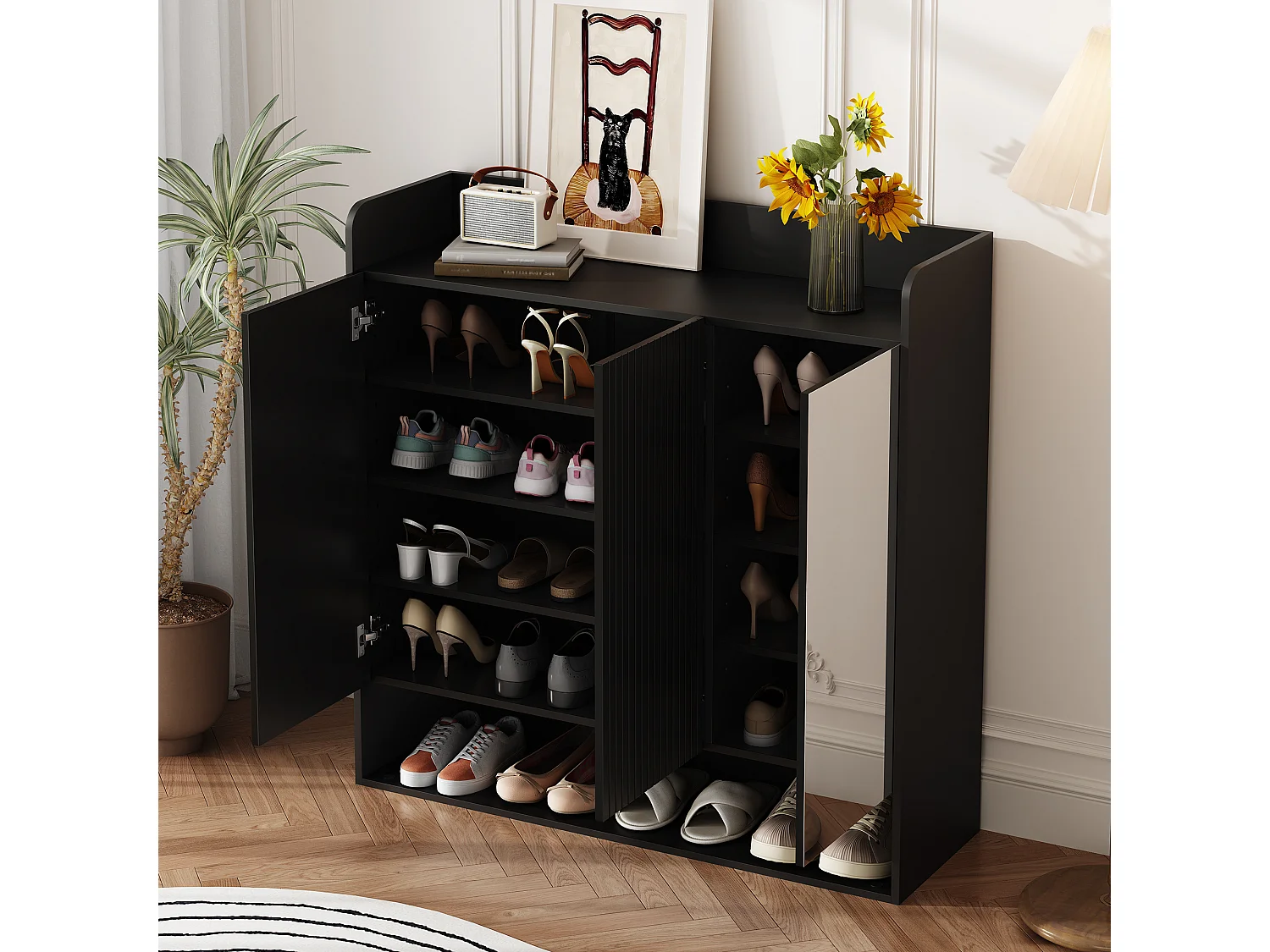 Schuhschrank 110x35,5x110 cm - mit Spiegel - mit 3 Türen - MDF - Schwarz