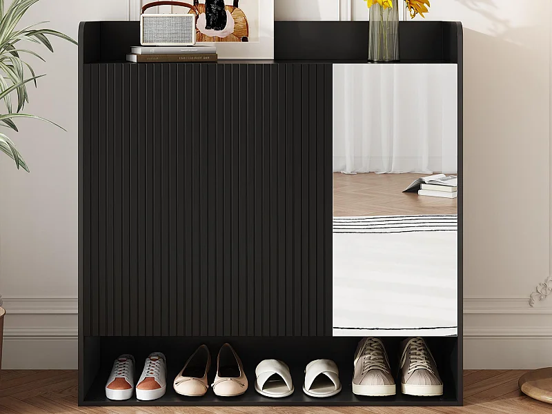 Schuhschrank 110x35,5x110 cm - mit Spiegel - mit 3 Türen - MDF - Schwarz