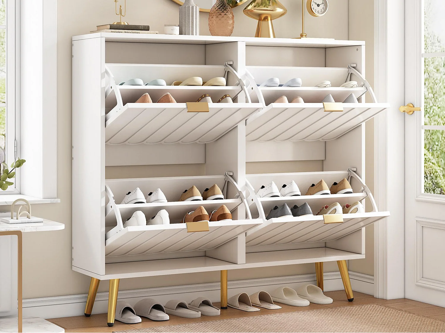 Schuhschrank 100x24x91,25cm - mit 4 Klapptüren - 8-stufiges Regal - Metallgriff - Weiß