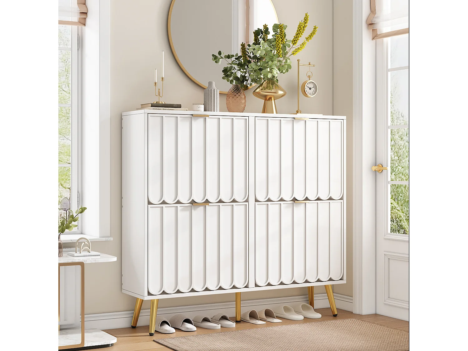 Schuhschrank 100x24x91,25cm - mit 4 Klapptüren - 8-stufiges Regal - Metallgriff - Weiß