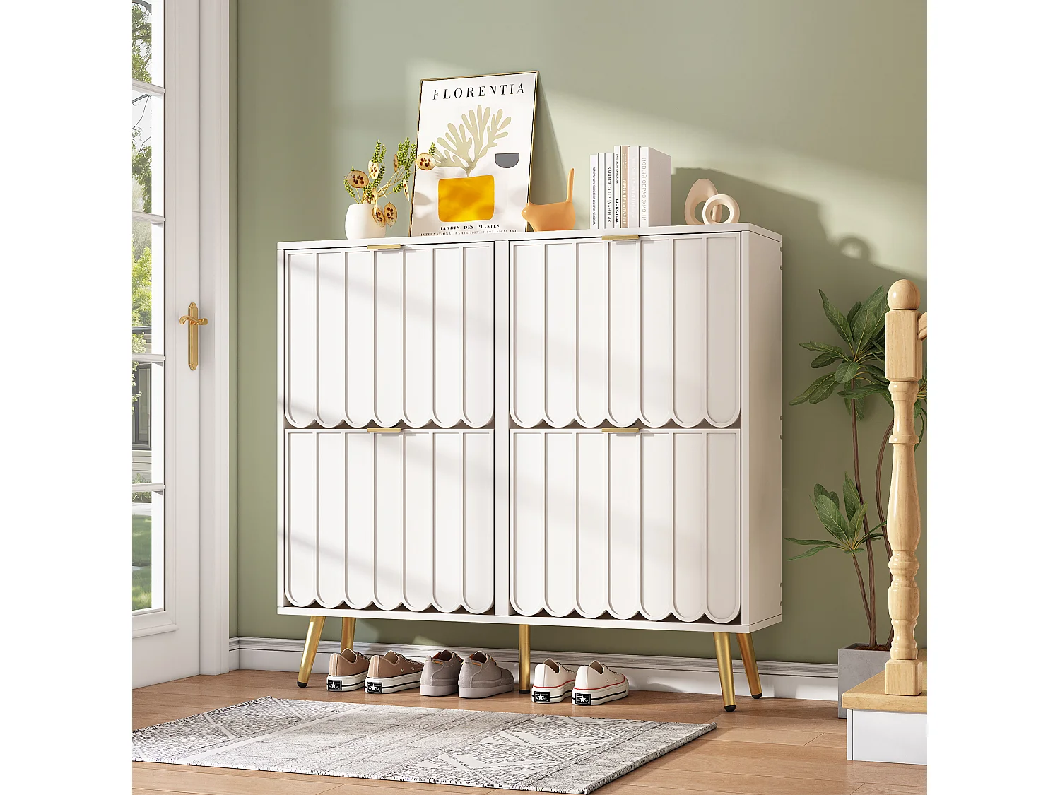 Schuhschrank 100x24x91,25cm - mit 4 Klapptüren - 8-stufiges Regal - Metallgriff - Weiß