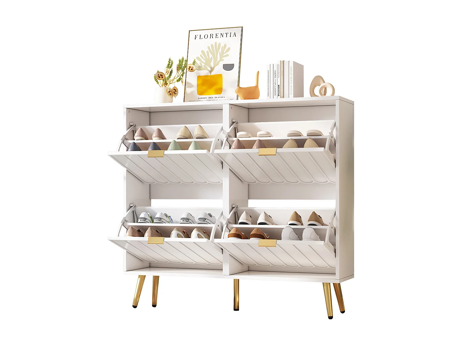 Schuhschrank 100x24x91,25cm - mit 4 Klapptüren - 8-stufiges Regal - Metallgriff - Weiß