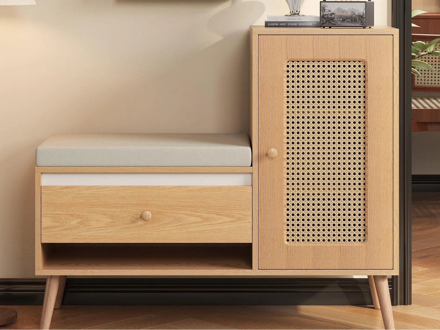 Schuhschrank aus Rattan - Eingangsbank - Mit Kissen - 1 Schublade und 1 Rattantür - Natur