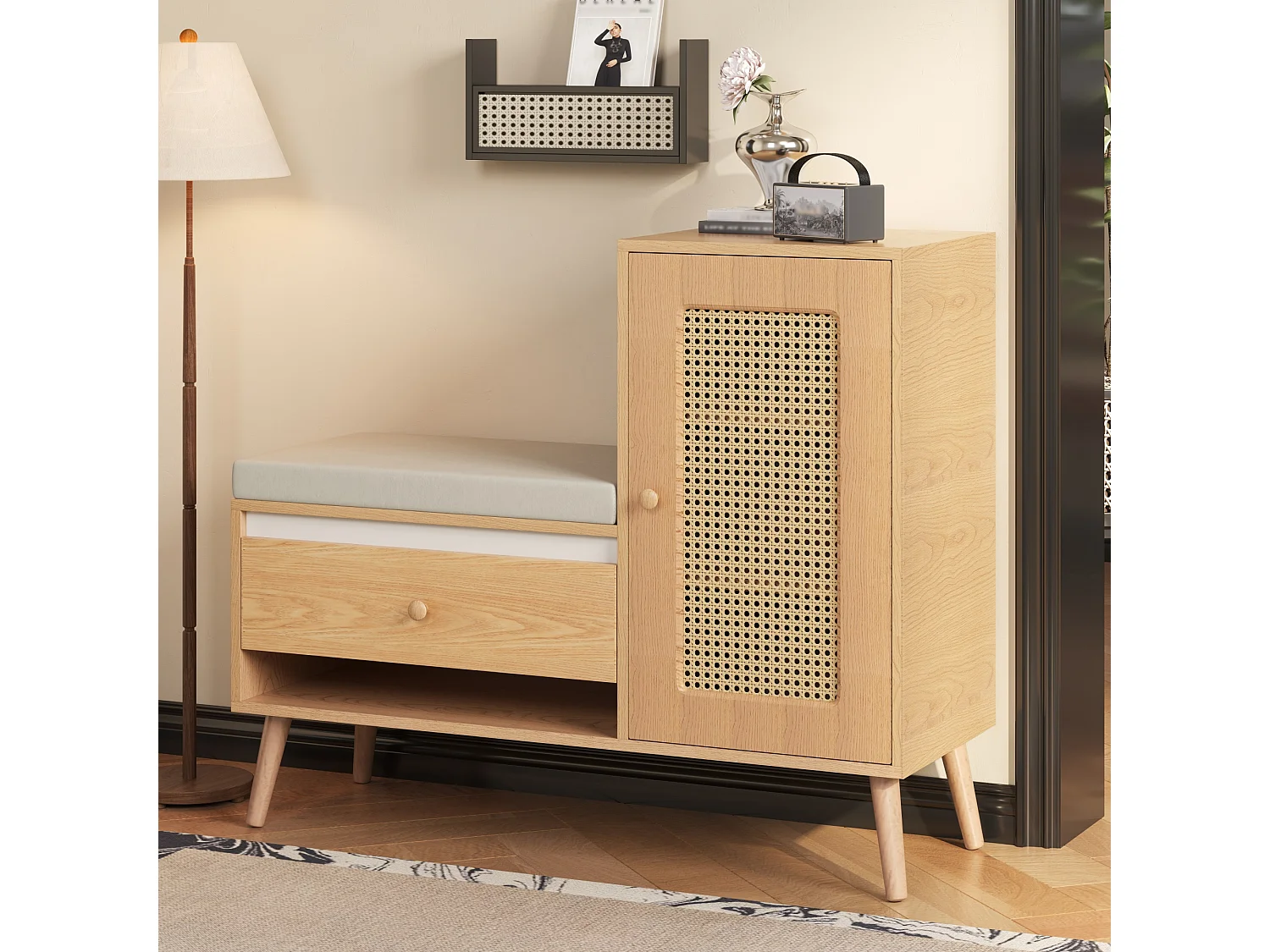 Schuhschrank aus Rattan - Eingangsbank - Mit Kissen - 1 Schublade und 1 Rattantür - Natur