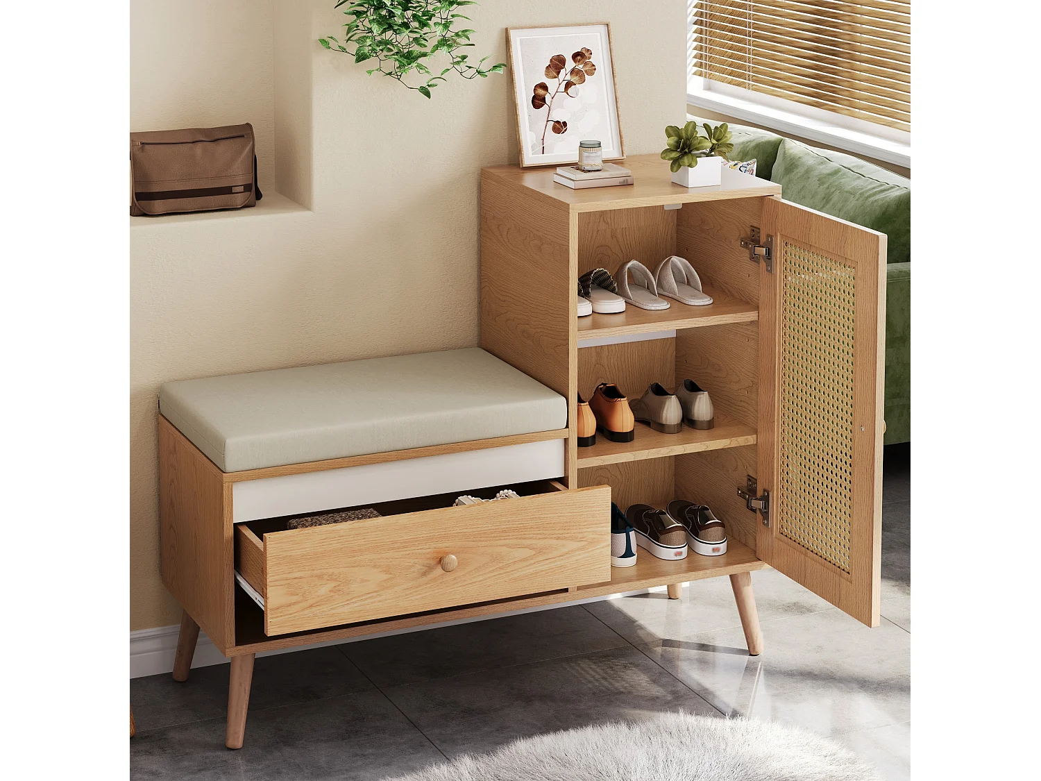 Schuhschrank aus Rattan - Eingangsbank - Mit Kissen - 1 Schublade und 1 Rattantür - Natur