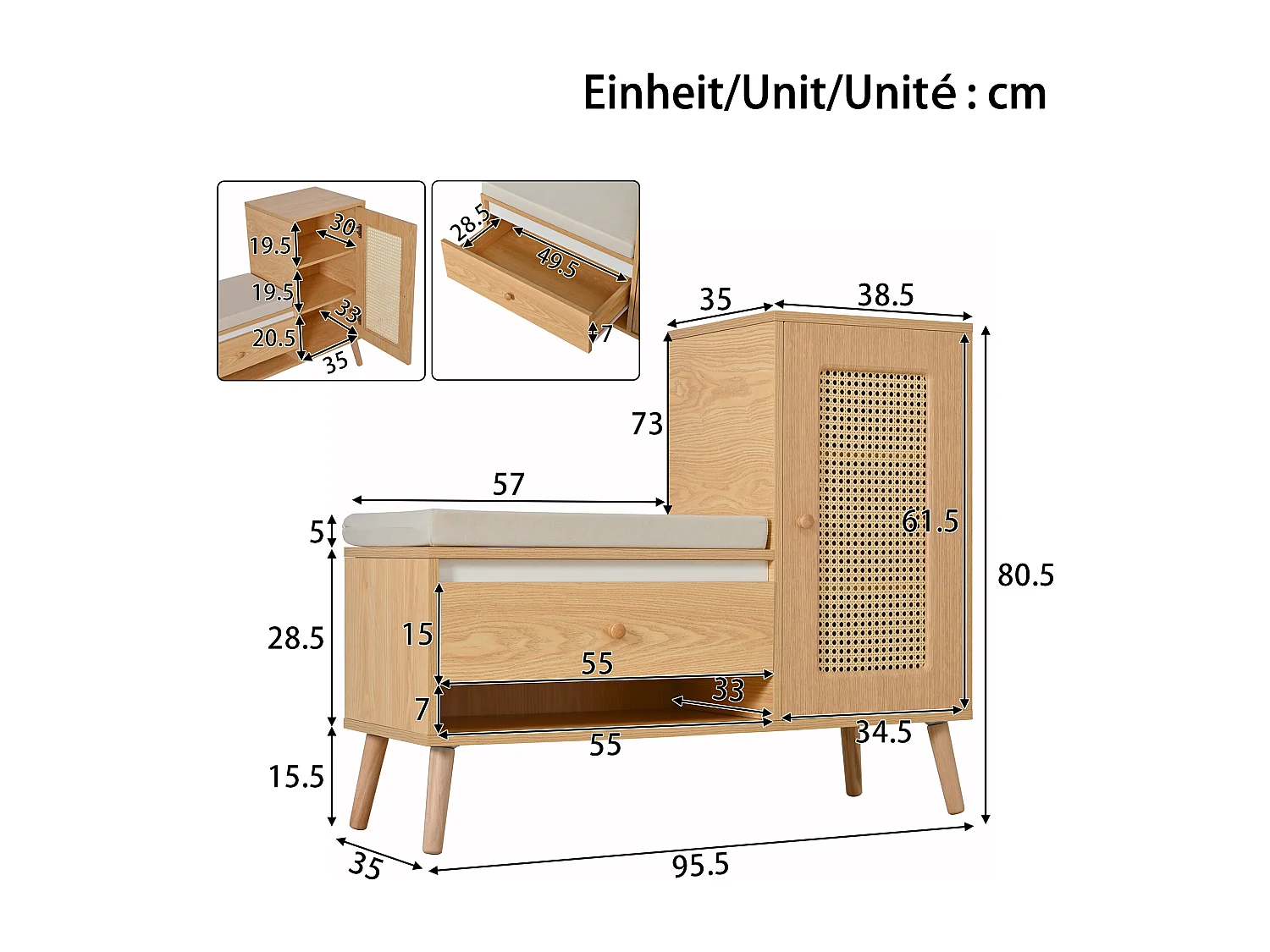 Schuhschrank aus Rattan - Eingangsbank - Mit Kissen - 1 Schublade und 1 Rattantür - Natur