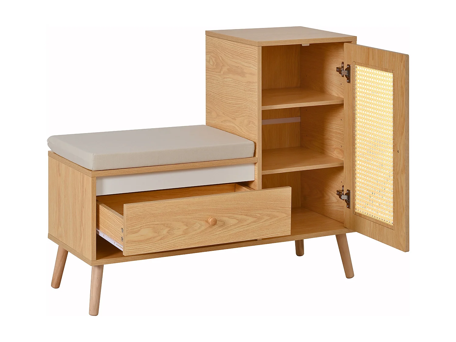 Schuhschrank aus Rattan - Eingangsbank - Mit Kissen - 1 Schublade und 1 Rattantür - Natur