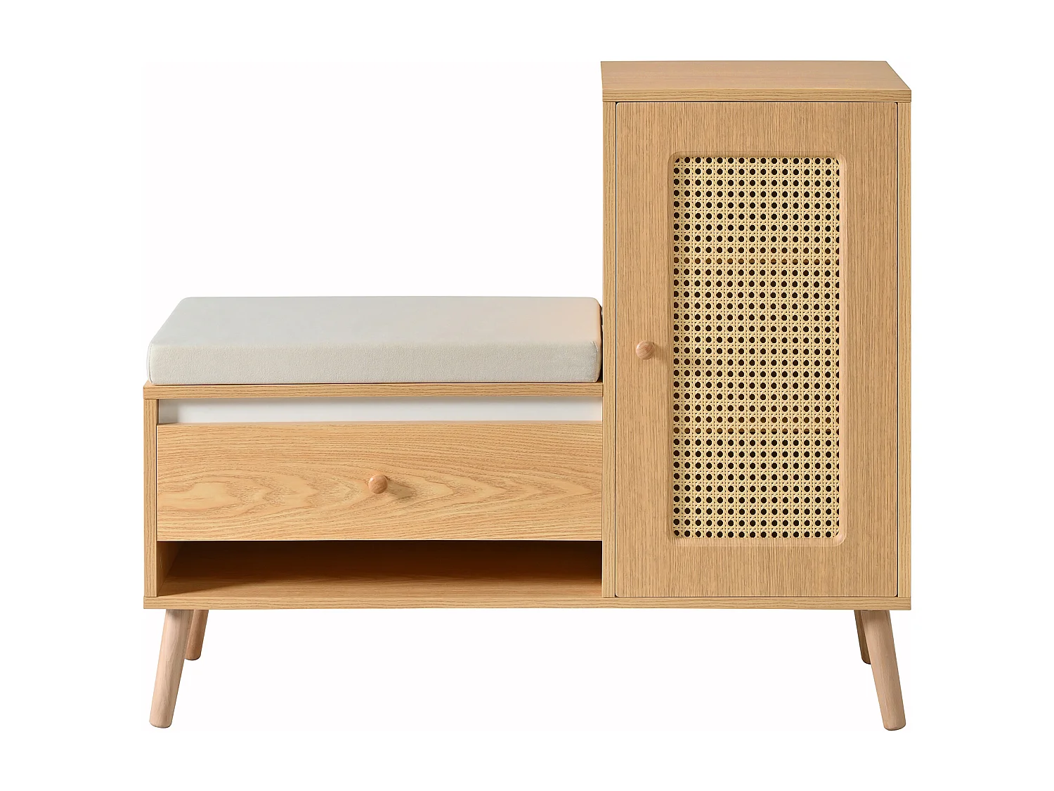 Schuhschrank aus Rattan - Eingangsbank - Mit Kissen - 1 Schublade und 1 Rattantür - Natur