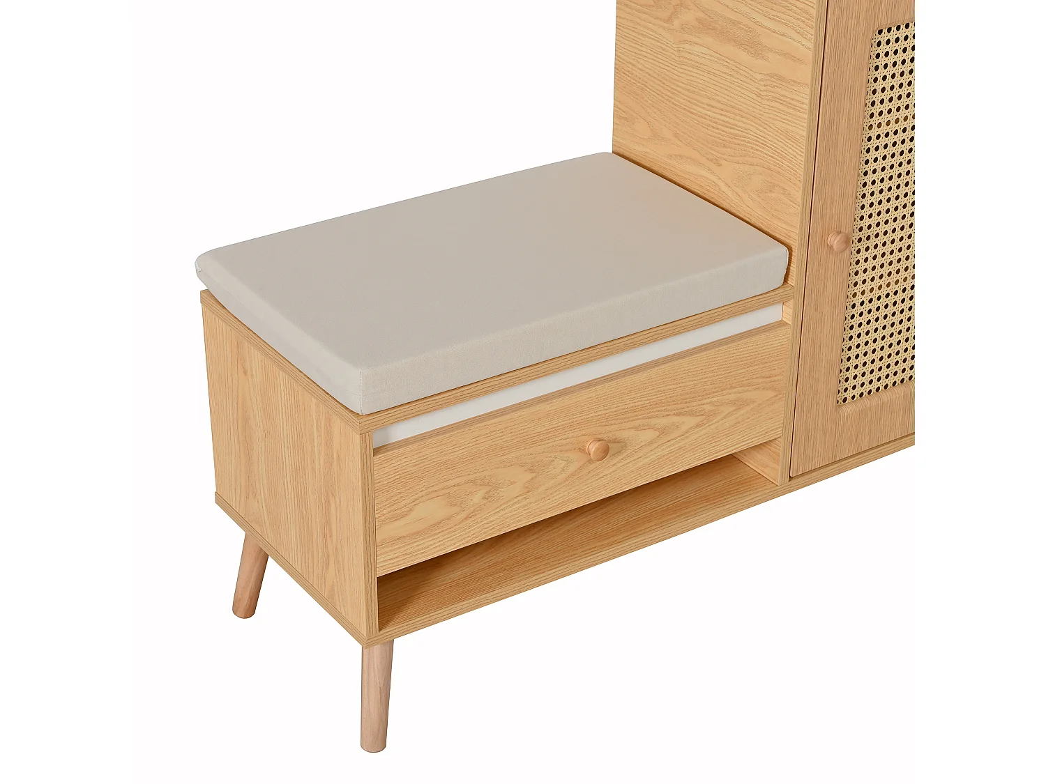 Schuhschrank aus Rattan - Eingangsbank - Mit Kissen - 1 Schublade und 1 Rattantür - Natur