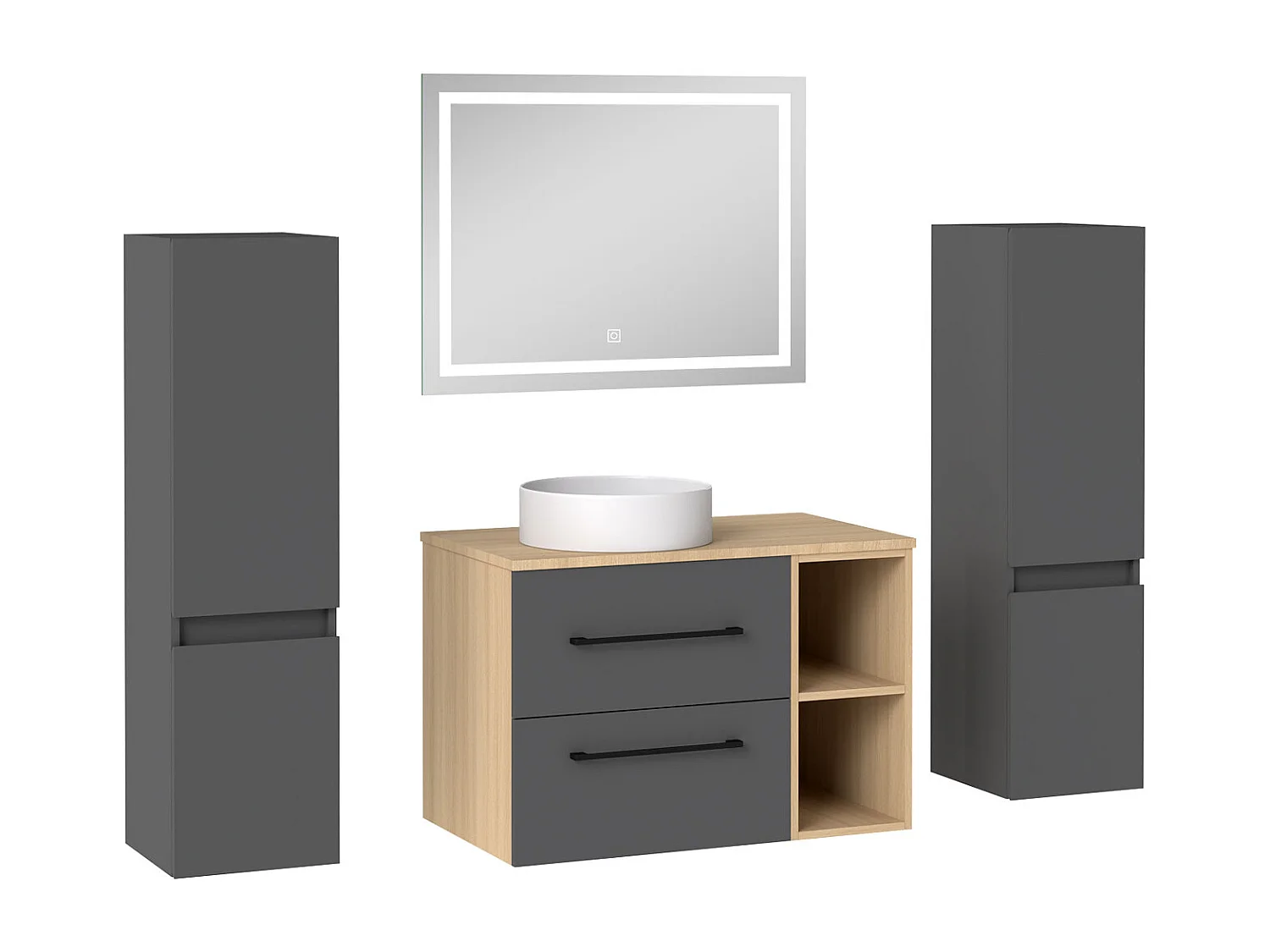 AICA Ensemble meuble de Salle de Bain Suspendu 80cm avec vasque à poser + 2*Colonne + Miroir LED Dimmable