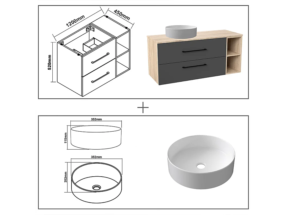 AICA Ensemble meuble de Salle de Bain Suspendu 120cm avec vasque à poser + 2 Rangements Ouverts, Armoire salle de bain avec miroir