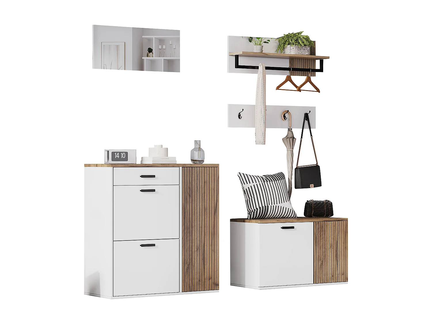 Garderoben-Set für den Eingangsbereich - Schuhschrank und Schuhbank - Kleiderstange und 4 Haken - Spiegel - Natur+Weiß