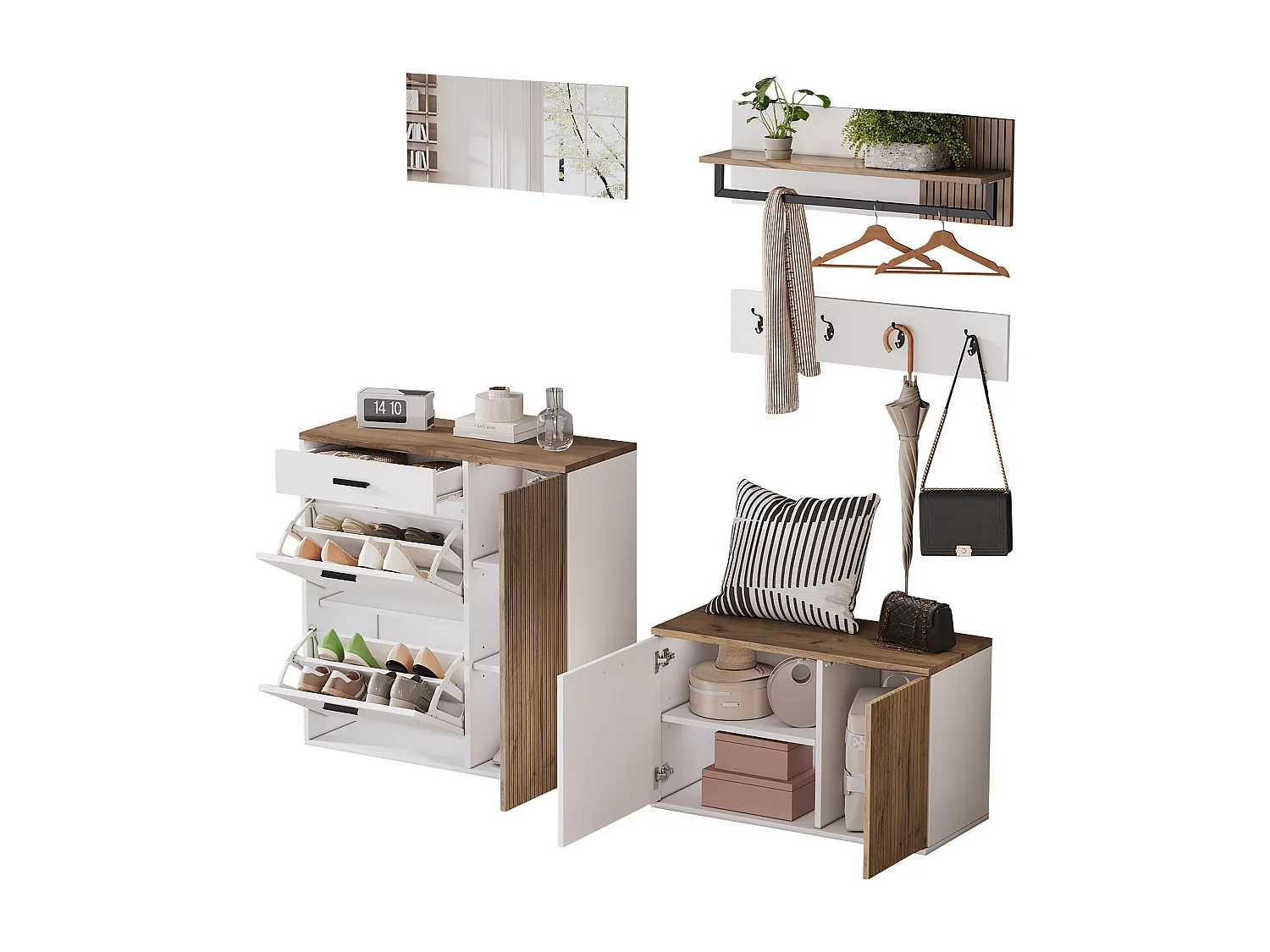 Garderoben-Set für den Eingangsbereich - Schuhschrank und Schuhbank - Kleiderstange und 4 Haken - Spiegel - Natur+Weiß