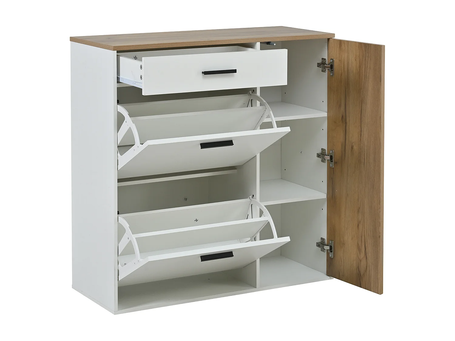 Garderoben-Set für den Eingangsbereich - Schuhschrank und Schuhbank - Kleiderstange und 4 Haken - Spiegel - Natur+Weiß