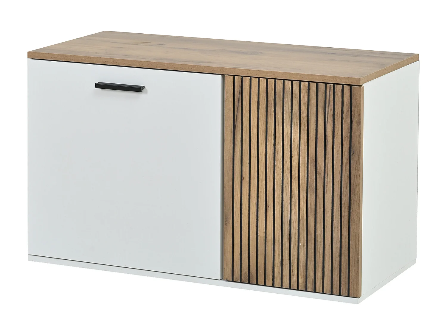 Garderoben-Set für den Eingangsbereich - Schuhschrank und Schuhbank - Kleiderstange und 4 Haken - Spiegel - Natur+Weiß