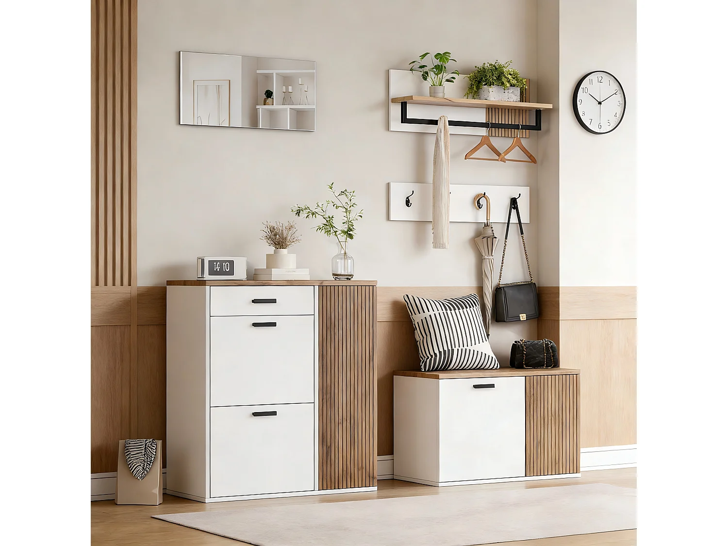 Garderoben-Set für den Eingangsbereich - Schuhschrank und Schuhbank - Kleiderstange und 4 Haken - Spiegel - Natur+Weiß