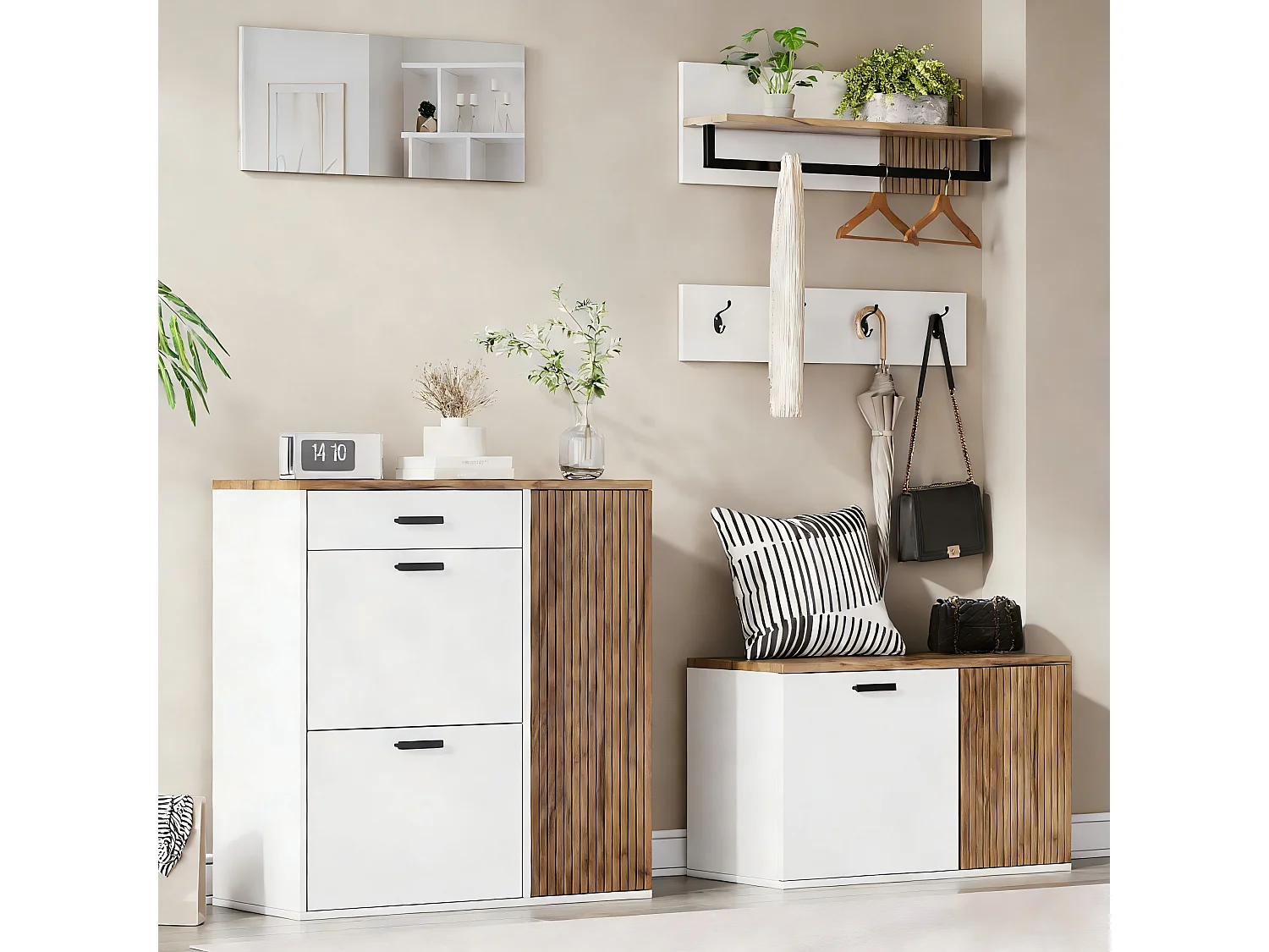 Garderoben-Set für den Eingangsbereich - Schuhschrank und Schuhbank - Kleiderstange und 4 Haken - Spiegel - Natur+Weiß