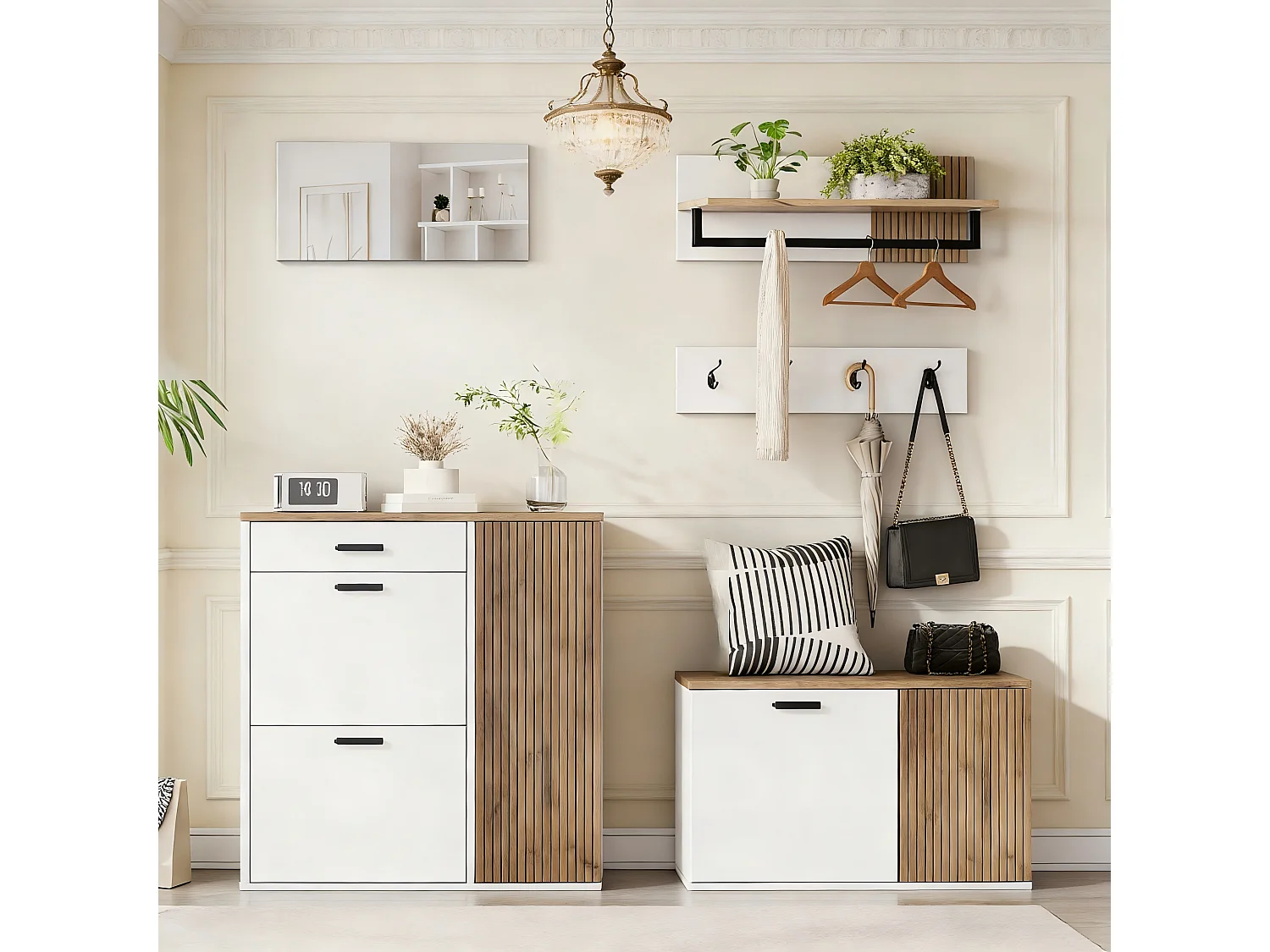 Garderoben-Set für den Eingangsbereich - Schuhschrank und Schuhbank - Kleiderstange und 4 Haken - Spiegel - Natur+Weiß