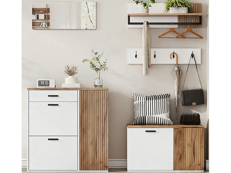 Garderoben-Set für den Eingangsbereich - Schuhschrank und Schuhbank - Kleiderstange und 4 Haken - Spiegel - Natur+Weiß