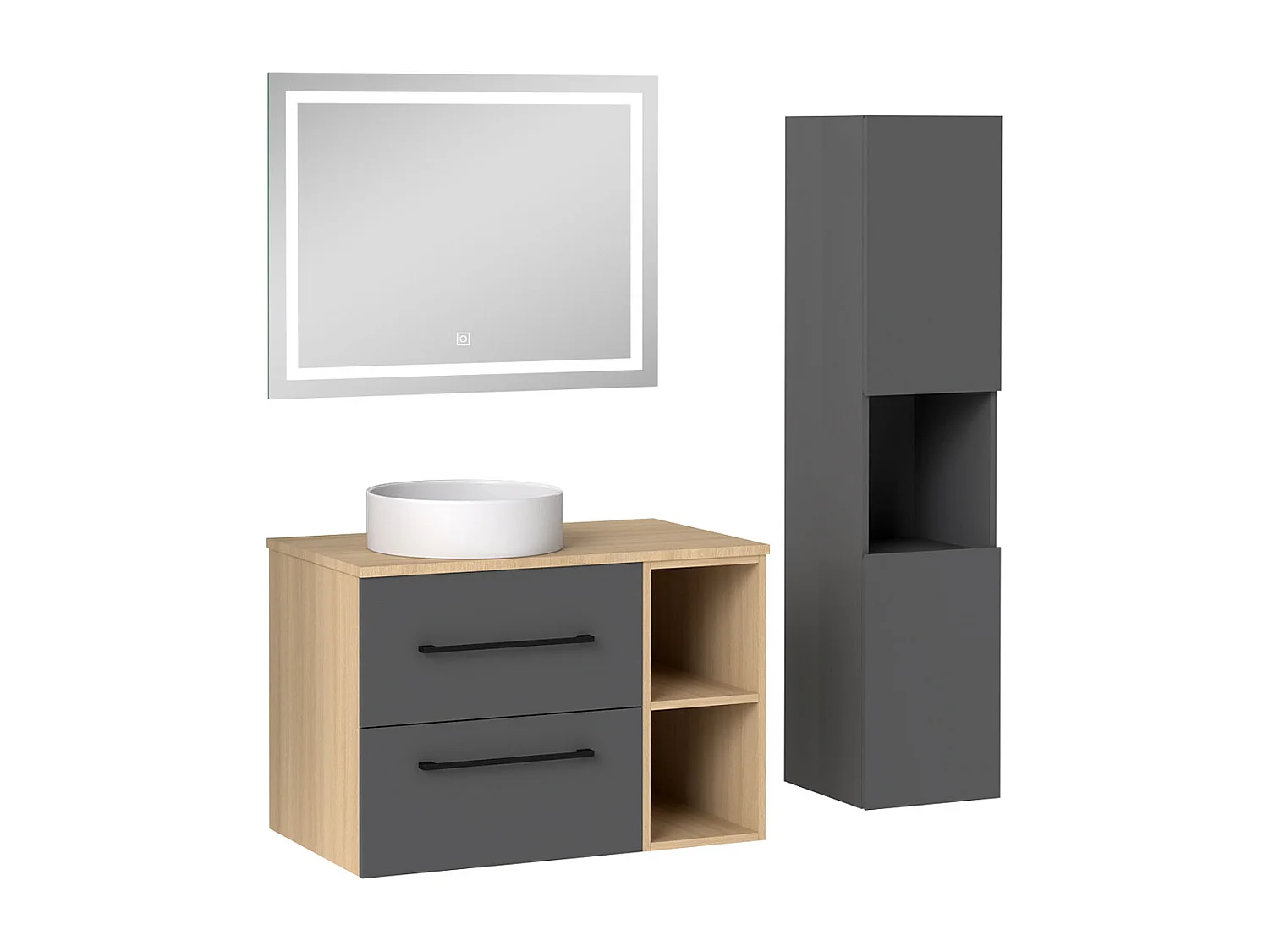 AICA Ensemble meuble de Salle de Bain Suspendu 80cm avec lavabo à poser + Colonne + Miroir LED Dimmable