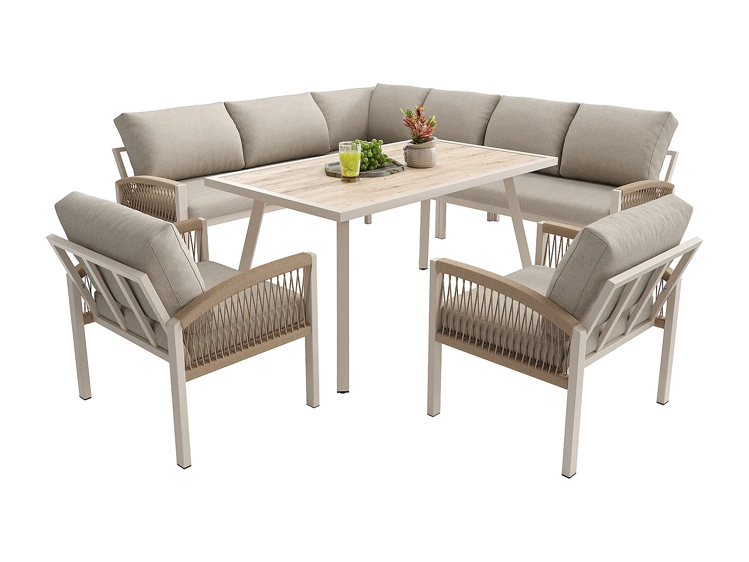 Salon de jardin, ensemble de meubles pour 8 places, cordage, 1 table avec veinure de bois, en fer galvanisé, canapé d'angle - 2 fauteuils, Beige